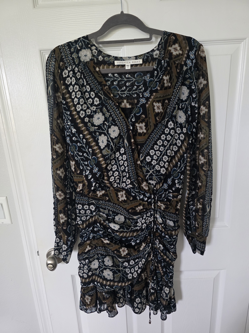 Veronica Beard Black Olive Floral Ruched Wrap Midi Dress